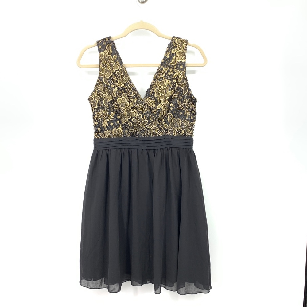 Little Mistress Women 8 Medium Dress Sleeveless Black Gold Floral Lace V Neck